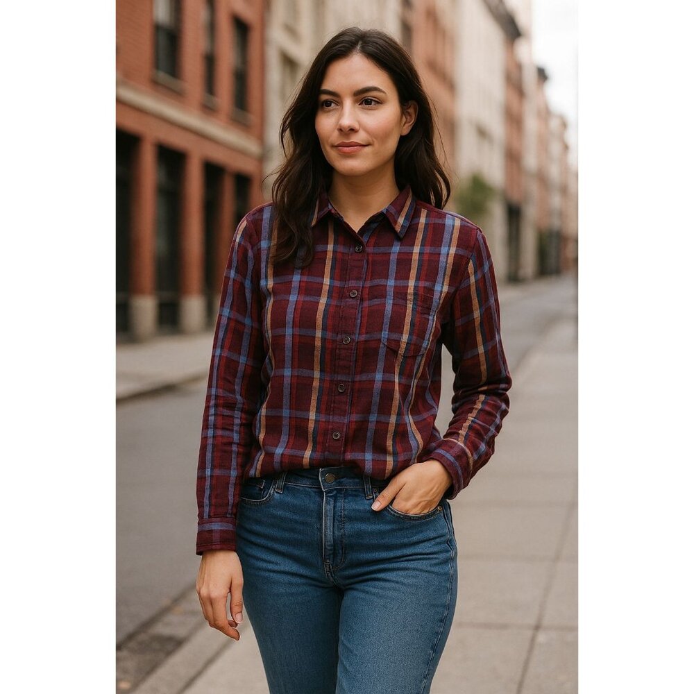 Bandolino Plaid Button Down Shirt L Burgundy Blue Stripe Casual Western Boho